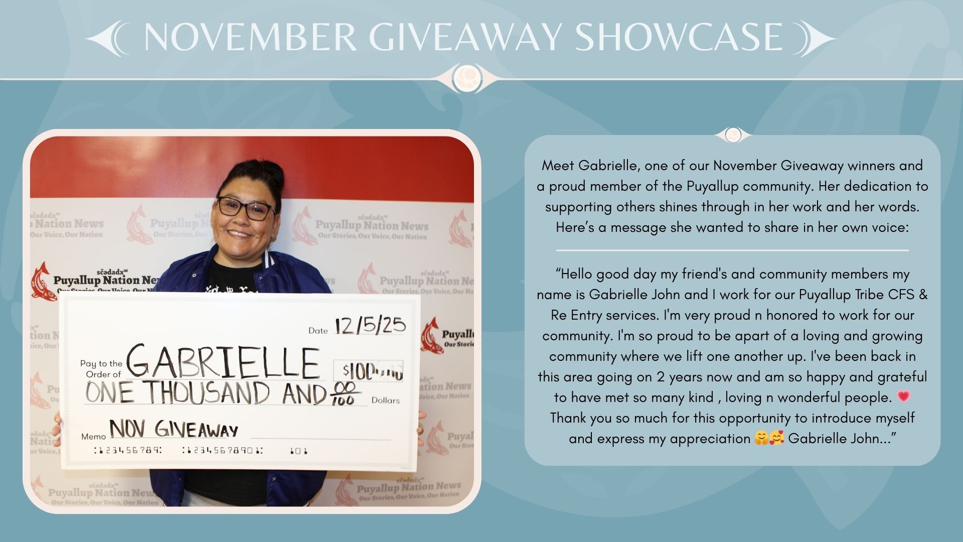 November giveaway winner shares a short bio about herself