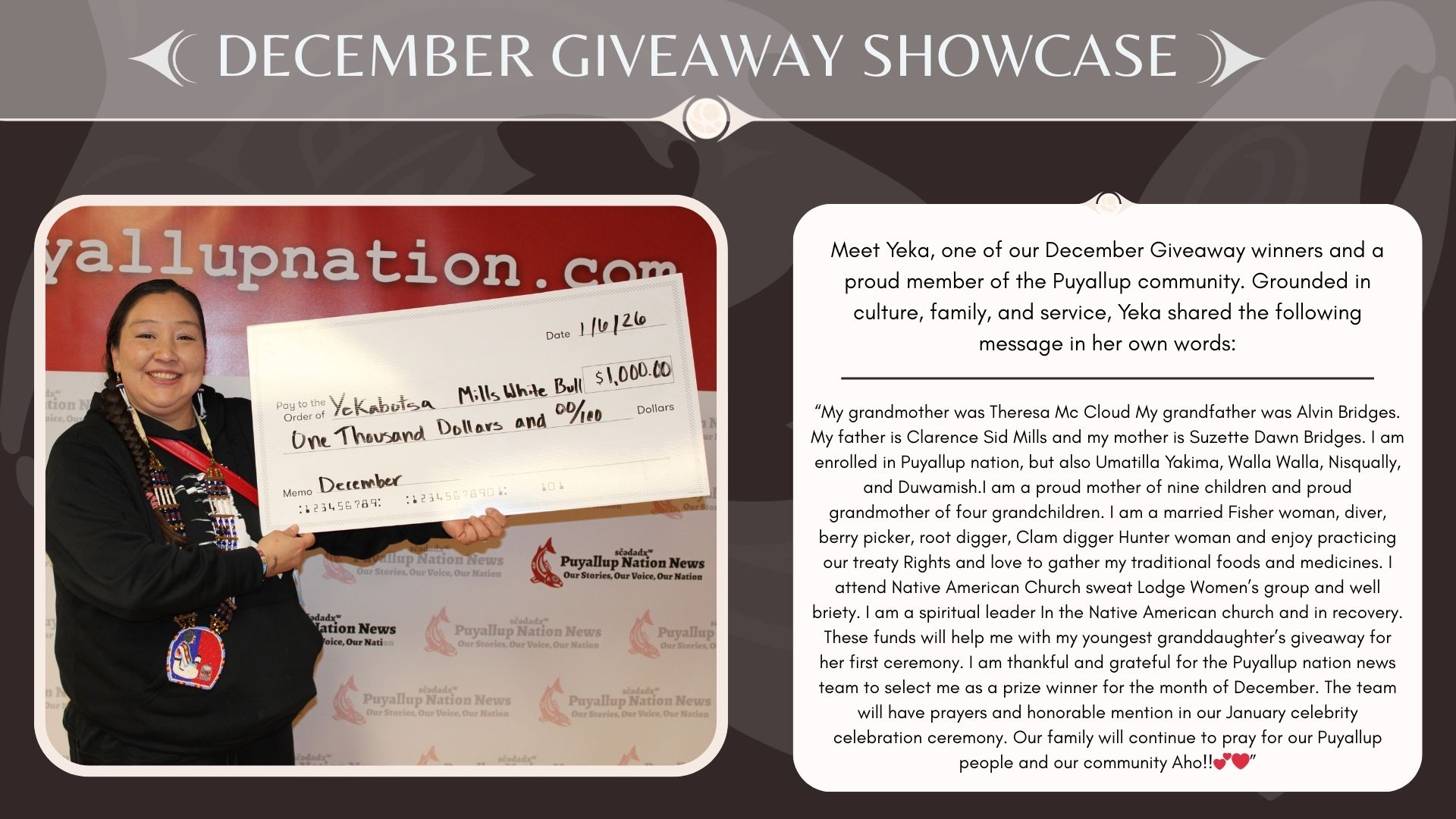 December giveaway winner shares a short bio about herself