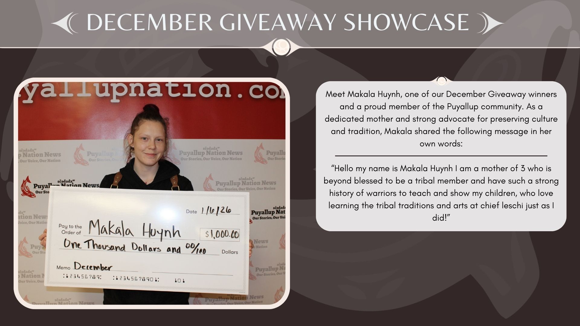 December giveaway winner shares a short bio about herself